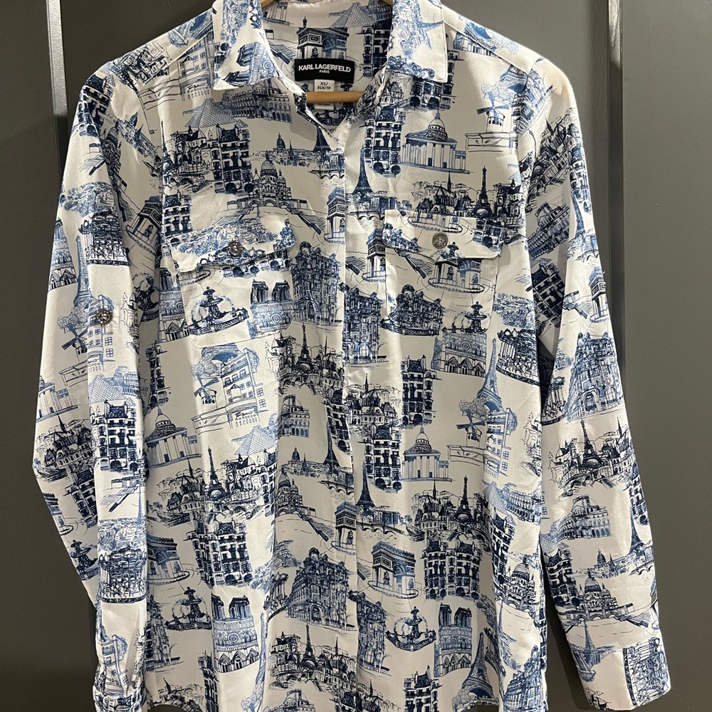 Karl Lagerfeld Graphic Blue and White Blouse